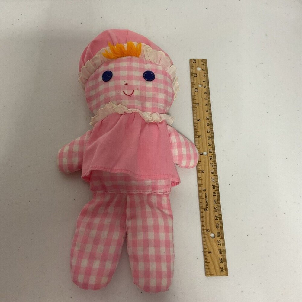 Vintage 1975 Fisher Price Lolly Rattle Cloth Doll Pink Gingham 12" Plush #420